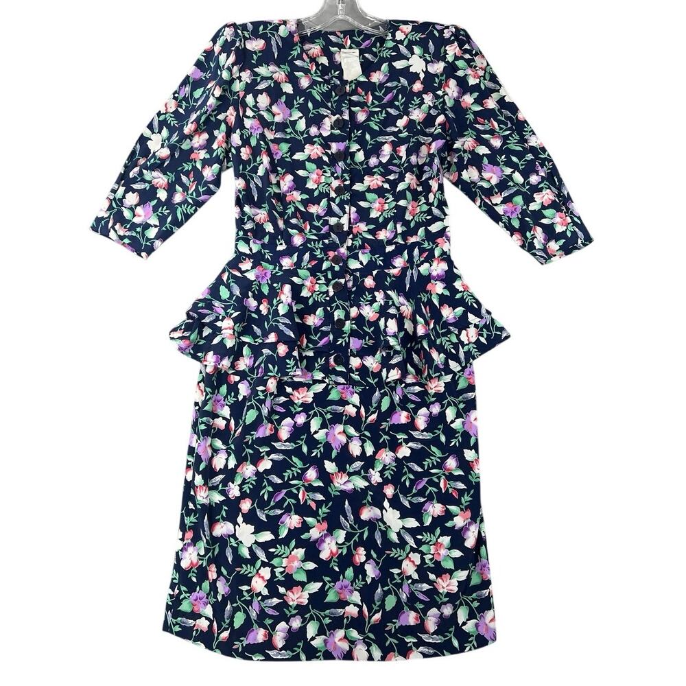 Vintage 90s JR Too John Richard Floral Peplum Dress Garden Midi Small Petite 4/6